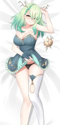 Rule 34 | 1girl, absurdres, antlers, arm up, bed sheet, black panties, blue dress, blush, braid, braided bangs, branch, breasts, bridal gauntlets, ceres fauna, cleavage, clenched teeth, commentary, commission, dakimakura (medium), dress, earrings, english commentary, eyes visible through hair, feet out of frame, finger to mouth, green hair, green nails, hair over one eye, highres, hololive, hololive english, horns, jewelry, large breasts, lifting own clothes, long hair, looking at viewer, lying, multicolored hair, nail polish, neko lu (wofud453), on back, panties, single braid, single bridal gauntlet, single thighhigh, solo, strapless, strapless dress, streaked hair, teeth, thighhighs, underwear, upper teeth only, virtual youtuber, white thighhighs