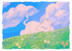 Rule 34 | blue sky, border, closed eyes, cloud, cloudy sky, commentary, day, derivative work, english commentary, closed eyes, facing viewer, film grain, flower, full body, grass, iradraws, lying, moomin, moomintroll, muted color, nature, no humans, no lineart, on grass, on ground, on stomach, red flower, scenery, screenshot redraw, sky, sleeping, solo, u u, white border, white flower, yellow flower