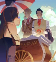 Rule 34 | 2boys, ace attorney, ascot, bag, black hair, blonde hair, buttons, cloud, coin purse, collared shirt, day, double-breasted, food, from below, herlock sholmes, highres, holding, holding bag, holding clothes, holding food, holding ice cream, holding jacket, ice cream, ice cream cone, ice cream stand, jacket, lapels, licking, multiple boys, neck ribbon, outdoors, parasol, popped collar, red ascot, red ribbon, ribbon, shirt, short hair, shoulder bag, sideburns, sleeve garter, smile, standing, sweat, the great ace attorney, twitter username, umbrella, unworn jacket, vest, white shirt, worvies, yujin mikotoba