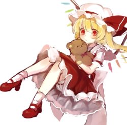 Rule 34 | 1girl, back bow, blonde hair, blush, bow, child, closed mouth, collared shirt, crystal, flandre scarlet, frilled shirt collar, frilled skirt, frilled sleeves, frills, frown, full body, hair between eyes, hat, hat ribbon, holding, holding stuffed toy, looking at viewer, mary janes, mob cap, one side up, paragasu (parags112), puffy short sleeves, puffy sleeves, red eyes, red ribbon, red skirt, red vest, ribbon, shirt, shoes, short hair, short sleeves, simple background, skirt, skirt set, solo, stuffed animal, stuffed toy, teddy bear, touhou, vest, white background, white bow, white hat, white legwear, white shirt, wings