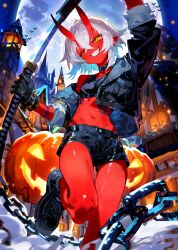 1girl absurdres arm_up bat_(animal) black_footwear black_gloves black_jacket black_shorts breasts chain choker colored_skin demon_girl demon_horns fang full_moon gloves gozenjuziame grey_hair grin halloween highres holding holding_sword holding_weapon horns house jack-o&#039;-lantern jacket katana looking_at_viewer midriff moon navel one_eye_closed original pointy_ears red_skin sheath short_hair shorts skin-covered_horns sleeves_rolled_up slit_pupils small_breasts smile solo standing standing_on_one_leg sword tattoo unsheathing weapon yellow_eyes