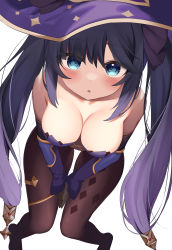 Rule 34 | 1girl, :o, absurdres, black pantyhose, blue eyes, blush, breasts, cleavage, empty (mn3k yo), genshin impact, hat, highres, leotard, looking at viewer, medium breasts, mona (genshin impact), open mouth, pantyhose, purple hair, simple background, solo, twintails, white background, witch hat