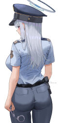 Rule 34 | 1girl, absurdres, ass, black pants, blue archive, blue hat, blue shirt, blush, breasts, closed mouth, cowboy shot, cuffs, dubeaduver, from behind, grey hair, gun, halo, handgun, hat, highres, large breasts, long hair, mechanical halo, noa (blue archive), pants, police, police uniform, policewoman, purple eyes, shackles, shirt, short sleeves, simple background, smile, solo, twitter username, uniform, weapon, white background