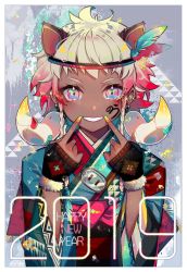 Rule 34 | 1girl, 2019, animal ears, blue eyes, blue kimono, brown gloves, commentary request, dark-skinned female, dark skin, facepaint, fingerless gloves, fingers to mouth, fur-trimmed gloves, fur trim, gloves, gradient hair, green eyes, grin, hands up, happy new year, highres, index finger raised, japanese clothes, kimono, long sleeves, looking at viewer, multicolored eyes, multicolored hair, new year, nou (nounknown), obi, original, personification, pig ears, pink eyes, red hair, sash, silver hair, smile, solo, tusks, upper body, wide sleeves
