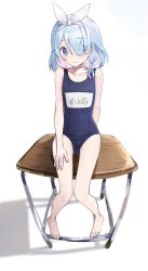 Rule 34 | 1girl, 3:, absurdres, arona (blue archive), bare legs, barefoot, blue archive, blue eyes, blue hair, blush, bow, collarbone, commentary request, cottone (highjethoo), desk, flat chest, full body, hair bow, highres, name tag, old school swimsuit, school desk, school swimsuit, school uniform, short hair, simple background, sitting, solo, swimsuit, white background
