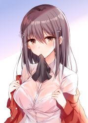 Rule 34 | 1girl, black neckwear, blush, bra, bra visible through clothes, breasts, brown eyes, brown hair, closed mouth, collared shirt, commentary request, dress shirt, gradient background, hair between eyes, hair ornament, highres, jacket, kinona, long hair, medium breasts, mouth hold, off shoulder, open clothes, open jacket, original, pink bra, purple background, red jacket, see-through, shirt, solo, underwear, upper body, wet, wet clothes, wet shirt, white background, white shirt