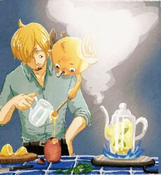 2boys blonde_hair blue_shirt collared_shirt curly_eyebrows facial_hair food fruit goatee hand_on_own_hip honey knife lime_(fruit) male_focus multiple_boys on_shoulder one_piece oooooogu24 sanji_(one_piece) shirt short_hair sleeves_rolled_up smoke tony_tony_chopper