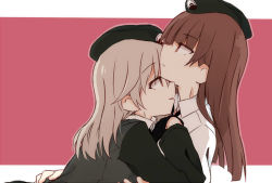 Rule 34 | 10s, 2girls, aged down, beret, black gloves, black hat, black jacket, black necktie, blunt bangs, brown hair, closed mouth, dress shirt, emblem, from side, fud, girls und panzer, gloves, hat, hug, jacket, japanese tankery league (emblem), light brown hair, long hair, long sleeves, looking at another, military, military hat, military uniform, multiple girls, necktie, nishizumi shiho, parted lips, selection university military uniform, shimada chiyo, shirt, uniform, upper body, white shirt, yuri