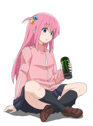 Rule 34 | 1girl, :o, arm support, black skirt, black socks, blue eyes, bocchi the rock!, brown footwear, can, commentary request, cube hair ornament, drink can, full body, gotoh hitori, hair ornament, highres, hirondo, holding, holding can, indian style, jacket, loafers, long hair, monster energy, one side up, parted lips, pink hair, pink jacket, pink track suit, shoes, sitting, skirt, socks, soda can, solo, track jacket