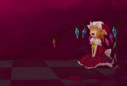 Rule 34 | 1girl, blonde hair, checkered floor, closed eyes, crying, female focus, flandre scarlet, from side, gradient background, hat, indoors, mob cap, open mouth, purple background, shoes, unworn shoes, short hair, side ponytail, sitting, socks, solo, tears, touhou, white socks, wings, yomogi (doze)