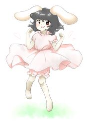 Rule 34 | 1girl, :d, animal ears, barefoot, bloomers, dress, flat chest, floppy ears, full body, grey hair, hands up, inaba tewi, looking at viewer, nonamejd, official style, open mouth, pink bloomers, pink dress, puffy short sleeves, puffy sleeves, rabbit ears, rabbit girl, red eyes, round teeth, short hair, short sleeves, smile, solo, teeth, touhou, underwear, upper teeth only, zun (style)