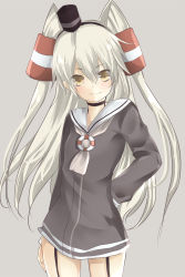 Rule 34 | 10s, 1girl, amatsukaze (kancolle), blush, choker, cowboy shot, dress, garter straps, grey background, hair between eyes, hand on own hip, headgear, highres, kantai collection, lifebuoy, long hair, long sleeves, looking at viewer, orange eyes, oz (undoll), sailor dress, short dress, silver hair, simple background, smile, solo, standing, swim ring, twintails, two side up