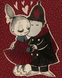 Rule 34 | 1boy, 1girl, character request, coat, dotted line, dress, full body, furry, furry male, hand on another&#039;s back, heart, helmet, hetero, holding hands, interspecies, limited palette, little my, long eyelashes, long sleeves, moomin, nonana (mikudrop), polka dot, polka dot background, ponytail, scarf, smile, standing, string, string of fate, striped clothes, striped dress, striped scarf, traditional media, vertical-striped clothes, vertical-striped dress, vertical-striped scarf