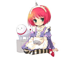 Rule 34 | 1girl, apron, box, creature, expressionless, frills, green eyes, hairband, ito noizi, maid, maid apron, original, pantyhose, red hair, shoes, short hair, solo, striped clothes, striped pantyhose, white background