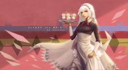 Rule 34 | 1girl, altera (fate), alternate costume, apron, artist name, character name, cup, dark duck, dark skin, dark-skinned female, english text, engrish text, enmaided, fate/grand order, fate (series), food, highres, ice cream, maid, maid apron, ranguage, red eyes, short hair, solo, tray, veil, white hair