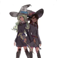 Rule 34 | 2girls, asymmetrical bangs, black footwear, boots, bulubulu (7441513), commentary, diana cavendish, english commentary, hat, highres, holding, holding wand, kagari atsuko, knee boots, little witch academia, long hair, looking at another, luna nova school uniform, multiple girls, protecting, school uniform, shiny rod (little witch academia), simple background, standing, wand, white background, witch hat