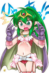 Rule 34 | 1girl, blush, cape, chanomi douji, cosplay, costume switch, fang, fire emblem, fire emblem: mystery of the emblem, fire emblem awakening, gloves, green eyes, green hair, hair ornament, jewelry, matching hair/eyes, navel, nintendo, nowi (fire emblem), nowi (fire emblem) (cosplay), pointy ears, ribbon, solo, tiki (fire emblem), tiki (young) (fire emblem)