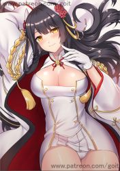 Rule 34 | 1girl, arm up, artist name, azur lane, bed sheet, black hair, blunt bangs, blush, breasts, buttons, cleavage, cleavage cutout, closed mouth, clothing cutout, cowboy shot, double-breasted, dress, flower, from above, gloves, go-it, hair flower, hair ornament, hiei (azur lane), horns, large breasts, long sleeves, looking at viewer, looking up, lying, miniskirt, on back, panties, pantyshot, red flower, red rose, rose, short dress, sidelocks, signature, skirt, smile, solo, tareme, tassel, underwear, watermark, web address, white gloves, white panties, wide sleeves, yellow eyes
