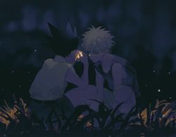 Rule 34 | 2boys, arms between legs, bare shoulders, belt, black hair, collared shirt, cupping hands, field, fireflies, glowing, gon freecss, grass, green shorts, hands up, hunter x hunter, killua zoldyck, male focus, multiple boys, nature, night, one eye closed, outdoors, own hands together, shirt, shorts, sleeveless, sleeveless shirt, spiked hair, squatting, starstruckdon, tank top, white hair
