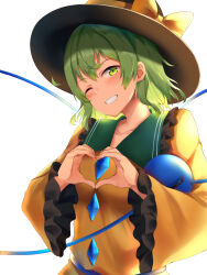 Rule 34 | backlighting, black hat, blush, bow, breasts, buttons, collar, commentary request, diamond button, frilled collar, frilled sleeves, frills, green eyes, green hair, green sailor collar, grin, hair between eyes, happy, hat, hat bow, head tilt, heart, heart hands, heart of string, highres, koishi day, komeiji koishi, long sleeves, looking at viewer, medium hair, moe moe kyun!, nagomian, one eye closed, sailor collar, shirt, sidelocks, simple background, small breasts, smile, third eye, touhou, upper body, wavy hair, white background, yellow bow, yellow shirt