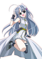 Rule 34 | 00s, 1girl, :d, ahoge, ankle boots, armor, armored boots, asymmetrical clothes, bare shoulders, belt, black thighhighs, blue eyes, blush, boots, bridal garter, chibi, dress, full body, hair ornament, looking at viewer, lyrical nanoha, mahou shoujo lyrical nanoha, mahou shoujo lyrical nanoha a&#039;s, open mouth, reinforce zwei, silver hair, simple background, single thighhigh, sleeveless, smile, solo, thigh strap, thighhighs, tsukigami runa, white background, white dress, x hair ornament