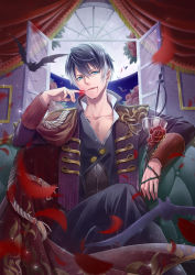 Rule 34 | 1boy, aqua eyes, bat (animal), black hair, blood, character request, copyright request, curtains, flower, full moon, highres, ichino tomizuki, indoors, looking at viewer, male focus, moon, open window, petals, picture frame, rapier, rose, solo, sword, thorns, weapon, window