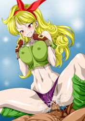 Rule 34 | 1girl, blonde hair, blush, breasts, breasts squeezed together, censored, cleavage, clenched teeth, clothing aside, covered erect nipples, curly hair, dragon ball, fingerless gloves, girl on top, gloves, gradient background, green tank top, groin, highres, large breasts, legs, long hair, loose socks, lunch (dragon ball), lying, mosaic censoring, navel, nel-zel formula, panties, panties aside, penis, purple panties, pussy, pussy juice, red eyes, sex, simple background, socks, solo focus, tank top, teeth, thighs, underwear, vaginal, wet