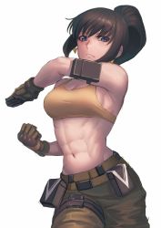 Rule 34 | 1girl, abs, ammunition pouch, armlet, bare shoulders, belt, biceps, blue eyes, blue hair, breasts, brown hair, camouflage, camouflage pants, crop top, dog tags, earrings, fighting stance, gloves, highres, jewelry, leona heidern, midriff, military, military uniform, military vehicle, motor vehicle, muscular, muscular female, navel, pants, ponytail, pouch, ranma (kamenrideroz), simple background, sleeveless, snk, solo, tank top, the king of fighters, the king of fighters xiv, uniform, yellow tank top