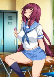 Rule 34 | 1girl, alternate costume, black socks, blue neckerchief, blue pants, blue sailor collar, blue skirt, breasts, chair, commentary request, condom, condom wrapper, fate/grand order, fate (series), haruhisky, highres, holding, holding condom, indoors, kneehighs, large breasts, long hair, looking at viewer, midriff peek, miniskirt, neckerchief, on bed, panties, pants, pantyshot, purple hair, red eyes, sailor collar, scathach (fate), school uniform, serafuku, short sleeves, sitting, skirt, socks, solo, table, underwear
