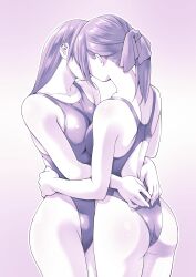 Rule 34 | 2girls, absurdres, ass, breast press, breasts, commentary request, competition swimsuit, cowboy shot, female focus, hair ribbon, highleg, highleg swimsuit, highres, hug, kiss, long hair, macosee, medium breasts, monochrome, multiple girls, one-piece swimsuit, original, ponytail, purple theme, ribbon, swimsuit, symmetrical docking, wedgie, yuri