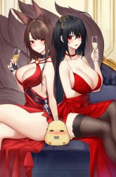 Rule 34 | 2girls, akagi (azur lane), akagi (ruby-laced beauty) (azur lane), akagi (ruby-laced beauty) (azur lane), animal ears, arm under breasts, azur lane, bare hips, bare legs, bare shoulders, black hair, black legwear, breast rest, breasts, brown hair, champagne flute, cleavage, commentary request, cup, dress, drinking glass, glass, highres, large breasts, looking at viewer, manjuu (azur lane), multiple girls, o-ring dress, official alternate costume, red dress, red eyes, seductive smile, smile, taihou (azur lane), taihou (forbidden feast) (azur lane), tail, thighhighs, yorugami rei