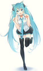 Rule 34 | 1girl, :d, animal ear fluff, animal ears, aqua hair, bare shoulders, bib (bibboss39), black footwear, black skirt, blue eyes, blue necktie, blush, boots, cat ears, collared shirt, fang, full body, hatsune miku, highres, kemonomimi mode, leaning forward, long hair, looking at viewer, miniskirt, necktie, open mouth, paw pose, paw print, pleated skirt, shirt, simple background, skin fang, skirt, sleeveless, sleeveless shirt, smile, solo, standing, standing on one leg, tareme, thigh boots, thighhighs, twintails, very long hair, vocaloid, white background, zettai ryouiki