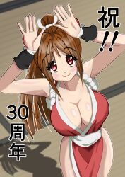 Rule 34 | 1girl, bare shoulders, breasts, brown hair, cleavage, fatal fury, from above, highres, large breasts, long hair, looking at viewer, ninja, pelvic curtain, ponytail, shiranui mai, sleeveless, the king of fighters, twpyi