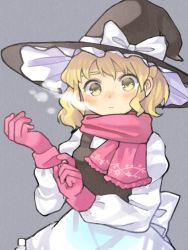 Rule 34 | 1girl, adjusting clothes, adjusting gloves, apron, black hat, black vest, blonde hair, blouse, blush, bow, breath, closed mouth, commentary request, gloves, grey background, hat, hat bow, hidden star in four seasons, juliet sleeves, kirisame marisa, long sleeves, looking at viewer, pink gloves, pink scarf, puffy sleeves, sasa kichi, scarf, shirt, simple background, solo, touhou, upper body, vest, waist apron, white bow, white shirt, witch hat, yellow eyes