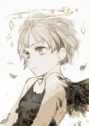 Rule 34 | 1girl, angel, bare shoulders, black shirt, blonde hair, closed mouth, feathers, from side, grey background, halo, highres, hiranko, original, shirt, short hair, simple background, sleeveless, sleeveless shirt, solo, upper body, wings, yellow eyes