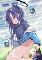 Rule 34 | 1girl, akatsuki hijiri, blue archive, blue buruma, blue eyes, blue hair, blue jacket, bottle, breasts, buruma, commentary, halo, highres, jacket, large breasts, long hair, long sleeves, looking at viewer, official alternate costume, parted bangs, partially unzipped, solo, symbol-only commentary, thighs, water bottle, yuuka (blue archive), yuuka (track) (blue archive)