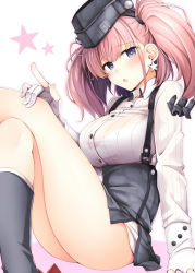 Rule 34 | 1girl, anchor hair ornament, ass, atlanta (kancolle), bare legs, blush, boots, bra visible through clothes, breasts, brown hair, buttons, commentary request, crossed legs, dress shirt, earrings, garrison cap, garter straps, gloves, hair ornament, hat, high-waist skirt, jewelry, kantai collection, large breasts, long hair, long sleeves, looking at viewer, open mouth, partially fingerless gloves, pointing, purple eyes, revision, rudder footwear, rui shi (rayze ray), see-through, shirt, simple background, sitting, skirt, solo, star (symbol), star earrings, suspender skirt, suspenders, two side up, white background, white gloves, white shirt