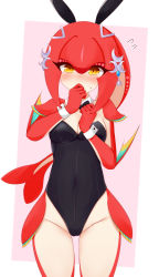 Rule 34 | 1girl, animal ears, ayatori (aytr), blush, bow, bowtie, breasts, cleavage, collar, colored skin, commentary, covered navel, crotch, cuff links, cuffs, earrings, fake animal ears, fins, fish girl, hair ornament, hand to own mouth, highres, jewelry, leotard, looking at viewer, medium breasts, mipha, nervous, nintendo, playboy bunny, rabbit ears, red skin, simple background, strapless, strapless leotard, sweat, the legend of zelda, the legend of zelda: breath of the wild, thigh gap, thighs, yellow eyes, zora