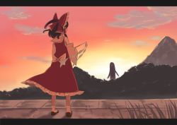 Rule 34 | 1girl, bow, cloud, creature, evening, female focus, from behind, full body, gohei, hair bow, hakurei reimu, letterboxed, mountain, saboten (tokisabo), short hair, signature, silhouette, sky, standing, sunset, touhou, twilight