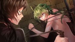 Rule 34 | 1boy, 1girl, against wall, artist request, bdsm, black hair, clothed female nude male, dungeon, closed eyes, femdom, frown, game cg, green hair, long hair, looking back, nude, purple eyes, scared, smile, standing, whip, whip marks, whipping