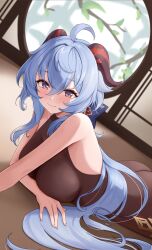 Rule 34 | 1girl, absurdres, ahoge, ass, bare arms, bare shoulders, blue hair, blush, bodystocking, breast press, breasts, closed mouth, commentary, dutch angle, eyelashes, ganyu (genshin impact), genshin impact, goat horns, hair between eyes, highres, horns, indoors, large breasts, long hair, looking at viewer, lying, on stomach, purple eyes, rinrasetsu, sidelocks, smile, solo, symbol-only commentary, very long hair