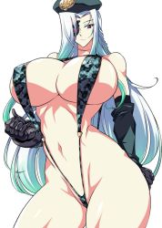 Rule 34 | 1girl, breasts, cleavage, gloves, haganef, huge breasts, long hair, slingshot swimsuit, solo, swimsuit, white hair