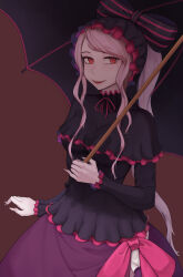 Rule 34 | 1girl, arm at side, bow, breasts, brown background, cowboy shot, dress, eyebrows, eyelashes, fang, female focus, fingernails, frilled dress, frilled hat, frills, gothic lolita, hand up, hat, holding, holding umbrella, lolita fashion, long fingernails, long hair, long sleeves, looking at viewer, neck ribbon, open mouth, overlord (maruyama), petite, pink dress, pink hair, pink hat, pink ribbon, ponytail, purple dress, purple hat, red eyes, ribbon, riozoz, shalltear bloodfallen, sharp fingernails, sidelocks, simple background, small breasts, smile, solo, standing, striped bow, striped clothes, teeth, two-tone dress, two-tone hat, umbrella, upper teeth only, vampire, very long hair