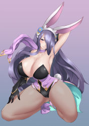 Rule 34 | 1girl, animal ears, armpits, arms up, black gloves, bluespice, breasts, camilla (fire emblem), camilla (spring) (fire emblem), cleavage, collarbone, fire emblem, fire emblem fates, fire emblem heroes, full body, gloves, hair over one eye, highres, huge breasts, kneeling, long hair, looking at viewer, nintendo, one eye covered, pantyhose, purple eyes, purple hair, rabbit ears, rabbit girl, rabbit tail, scarf, smile, solo, tail, thighs