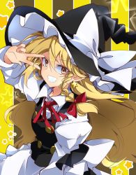 Rule 34 | 1girl, apron, black hat, black skirt, black vest, blonde hair, breasts, commentary request, earrings, frilled apron, frills, hat, highres, ichimura kanata, jewelry, kirisame marisa, long hair, pointy ears, skirt, small breasts, solo, star (symbol), star earrings, touhou, v, very long hair, vest, waist apron, white apron, witch hat, yellow eyes