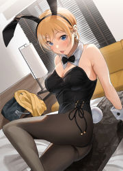 Rule 34 | 1girl, :p, animal ears, arm support, bag, black bow, black bowtie, black pantyhose, window blinds, blonde hair, blush, bow, bowtie, breasts, detached collar, dutch angle, fake animal ears, highres, indoors, large breasts, leotard, looking at viewer, on bed, original, pantyhose, playboy bunny, rabbit ears, rabbit tail, school bag, sitting, solo, tail, tipii, tongue, tongue out