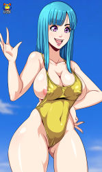Rule 34 | 1girl, absurdres, bare arms, blue hair, blush, breasts, cleavage, cloud, covered navel, curvy, dragon ball, dragonball z, female focus, happy, highleg, highleg swimsuit, highres, hip focus, kyoffie, large breasts, legs, long hair, maron (dragon ball), navel, nipple slip, nipples, one-piece swimsuit, open mouth, outdoors, purple eyes, salute, sky, smile, solo, standing, stomach, swimsuit, teeth, thick thighs, thighs, tongue, wide hips, yellow one-piece swimsuit