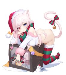 Rule 34 | 1girl, absurdres, animal ear fluff, animal ears, ass, back, bare back, bare shoulders, bell, bent over, blue eyes, blue nails, blush, bow, box, breasts, candy, candy cane, cat ears, cat girl, cat tail, christmas, christmas ornaments, closed mouth, food, full body, fur-trimmed legwear, fur-trimmed sleeves, fur trim, gift, gift box, green bow, green scarf, green thighhighs, hat, hat bow, head rest, heterochromia, highres, indie virtual youtuber, kneeling, kojioo, long hair, looking at viewer, medium breasts, merry christmas, nail polish, no panties, no shoes, orange bow, orange ribbon, pink hair, red bow, red eyes, red nails, red scarf, red thighhighs, ribbon, sack, santa costume, santa hat, scarf, simple background, snowman, solo, star (symbol), striped bow, striped clothes, striped thighhighs, tail, tail bell, tail bow, tail ornament, tail raised, thighhighs, transparent background, two-tone bow, two-tone legwear, virtual youtuber