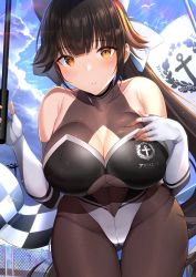 Rule 34 | 1girl, :o, alcoholrang, alternate costume, azur lane, bare shoulders, black pantyhose, bow, breasts, brown eyes, brown hair, cleavage, cloud, collarbone, elbow gloves, fence, fingerless gloves, gloves, gluteal fold, hair bow, hair flaps, halterneck, hand on own chest, highres, impossible clothes, large breasts, long hair, looking at viewer, pantyhose, parted lips, ponytail, race queen, see-through, skin tight, sky, solo, takao (full throttle charmer) (azur lane), thigh gap, umbrella, unitard, white bow