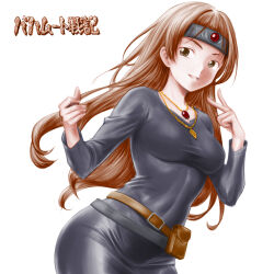 Rule 34 | 1girl, bahamut senki, belt, belt buckle, belt pouch, breasts, brown belt, brown hair, buckle, circlet, copyright name, covered navel, dress, gem, green eyes, grey belt, grey dress, hands up, highres, jewelry, long hair, long sleeves, medium breasts, minamoto80486, multiple belts, multiple necklaces, necklace, open mouth, pouch, red gemstone, ringed eyes, shellfa (bahamut senki), simple background, smile, solo, v, white background